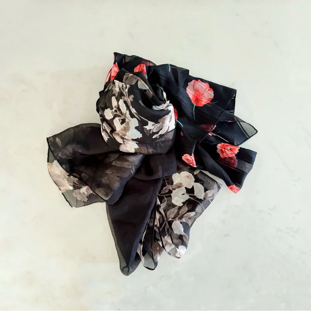 Vintage BUNDLE (2) Floating Floral Poppies & Roses Printed Scarf Wraps,